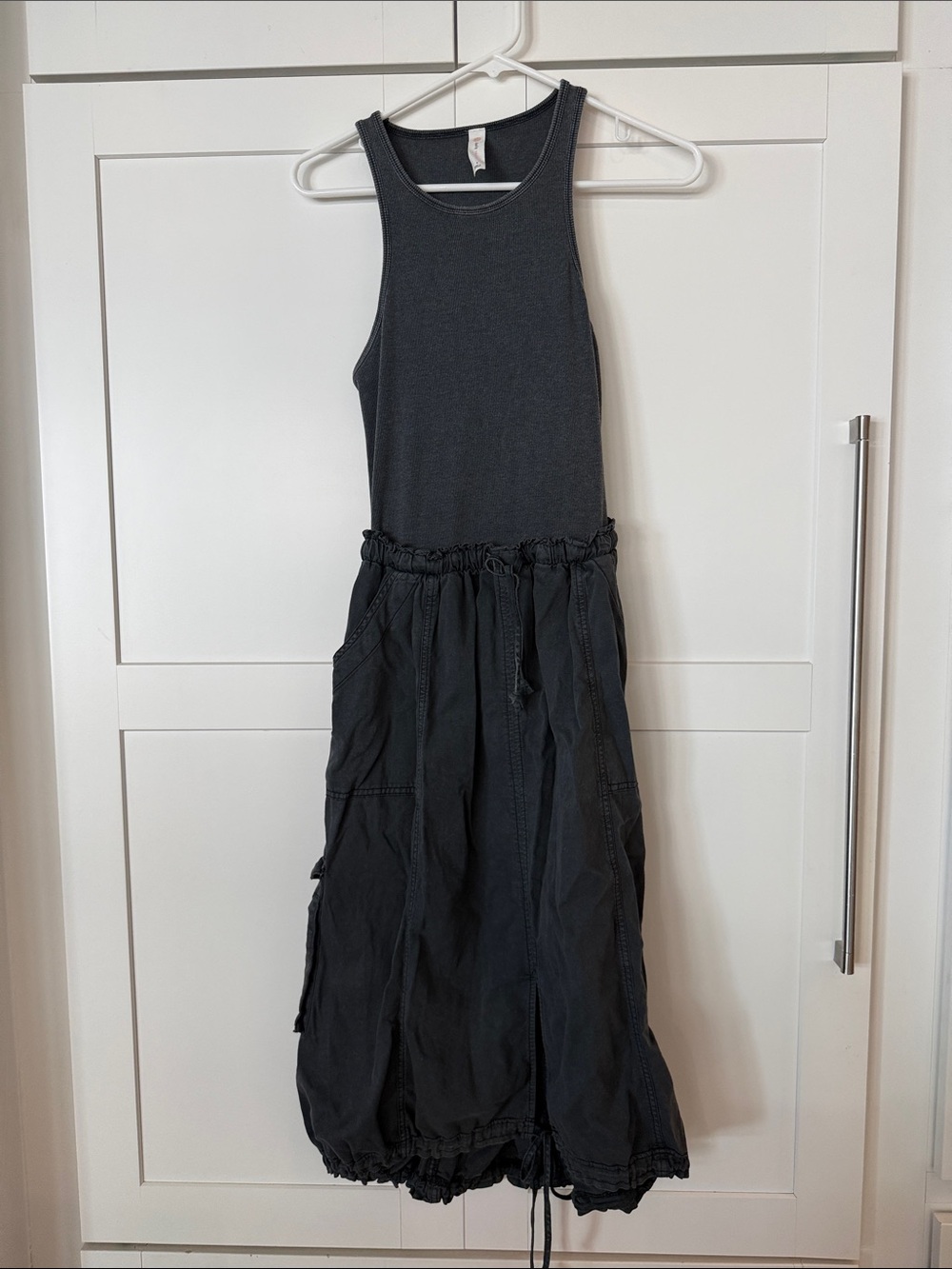 Sleeveless Midi Tank Dress in Charcoal with Drawstring Waist